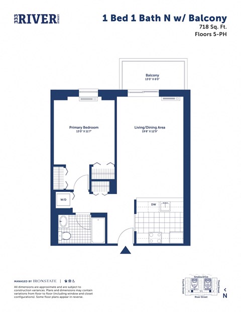 Floor plan for 1 bed, 1 bath, 718 sqft
